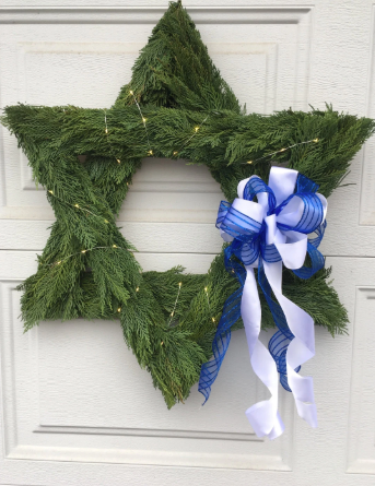 Handmade Fresh Hanukkah holiday wreath with lights, Star of David
